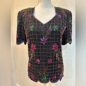 Black silk beaded floral blouse with short sleeves by Scala, women’s size Small